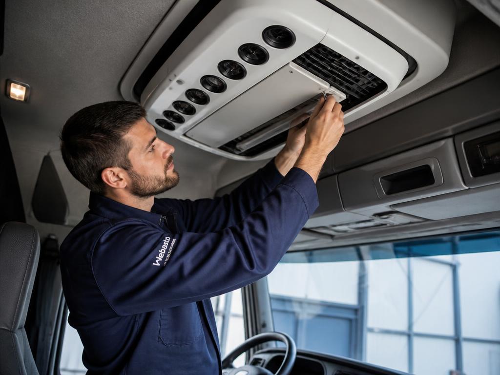 Técnico instalando ar-condicionado na cabine de um caminhão