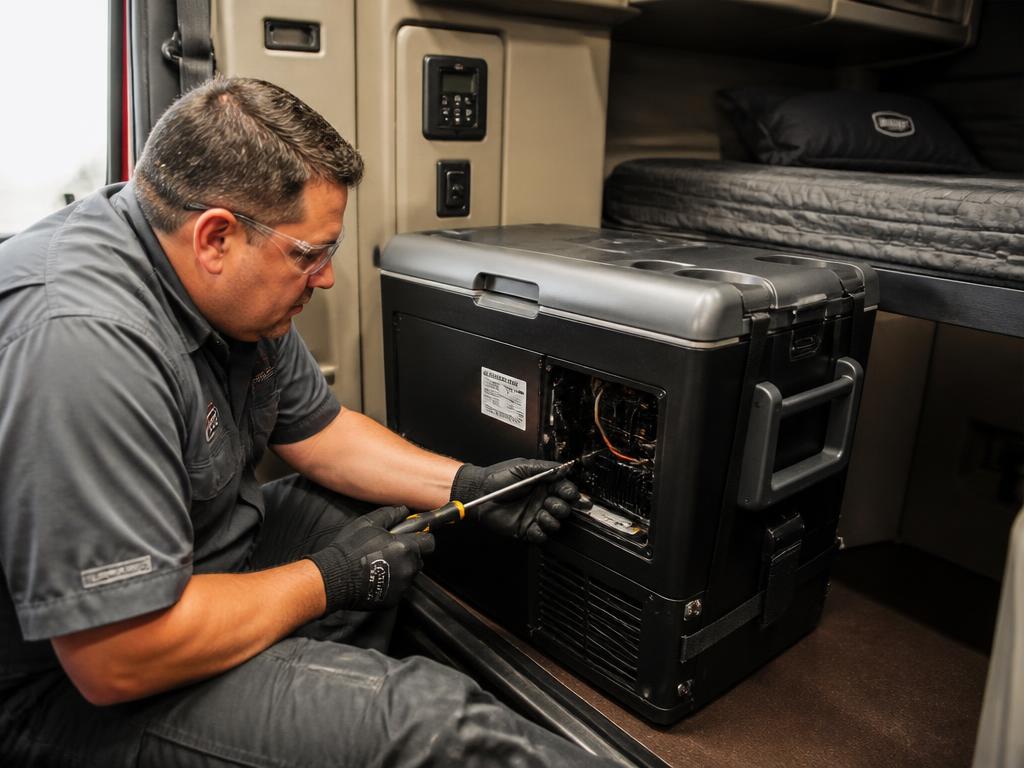 Técnico fazendo manutenção de geladeira dentro da cabine